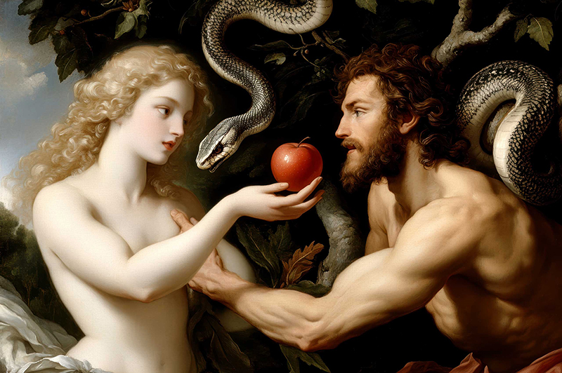 Eva le ofrece la fruta prohibida a Adán en el Huerto del Edén. La serpiente susurra a Eva.